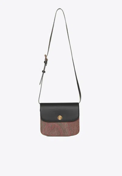 Etro Multicolor Canvas And Leather Large Essential Crossbody Bag In Black