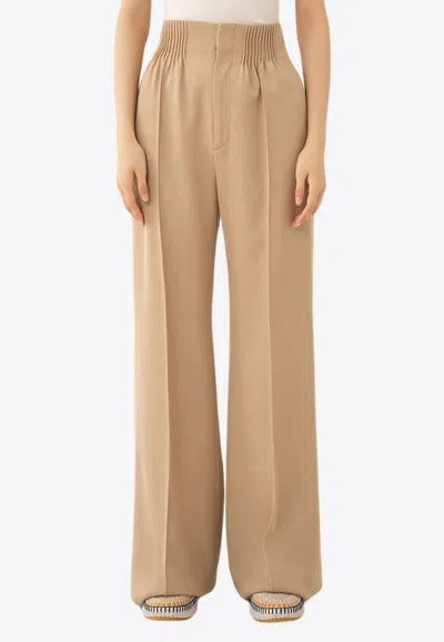 Chloé Shirred High-rise Wool Gabardine Wide-leg Pants In Beige