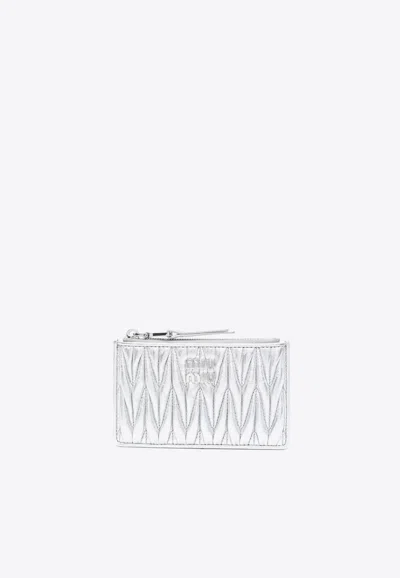 Miu Miu Quilted Lambskin Metallic Padded Card Holder In Silver