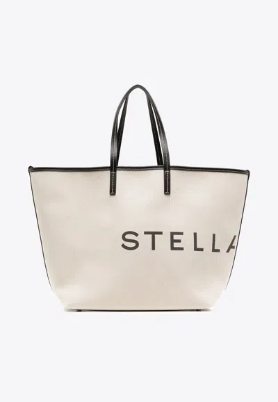 Stella Mccartney Spacious Structured Tote Bag With Bold Logo In Ecru