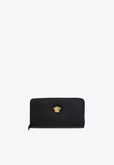Versace La Medusa Zip-around Leather Wallet In Black