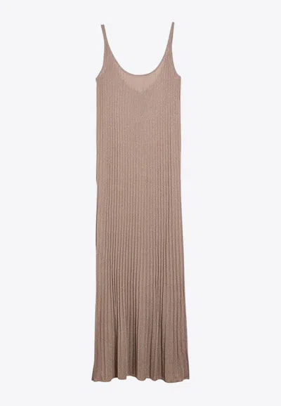 Max Mara Long Beige Ribbed Dress With U Neckline In Lurex Woman In Yellow