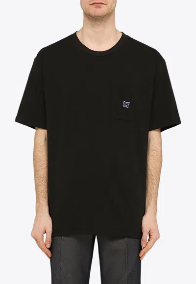 Needles Solid Color Mock-neck T-shirt With Butterflyembroidery In Black