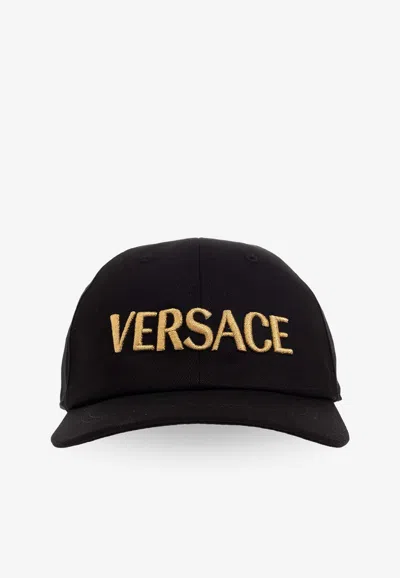 Versace Adjustable Logo Embroidered Cotton Cap In Black