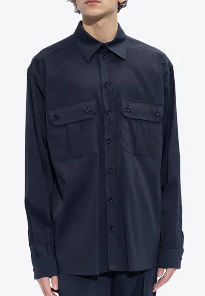 Dolce & Gabbana Logo-patch Long-sleeved Shirt In Navy