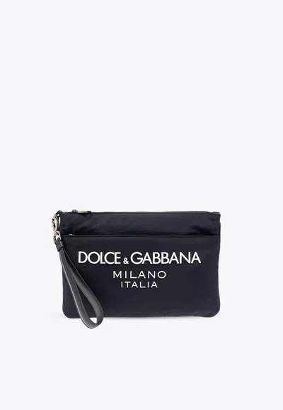 Dolce & Gabbana Black Pouch With Contrasting Rubberized Logo In Nylon In Navy
