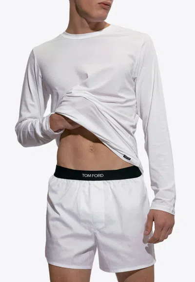 Tom Ford White Crewneck T-shirt With Tf Embroidery In Lyocell And Cotton Blend Man In White