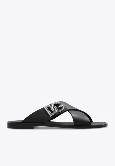 Dolce & Gabbana Black Sandals With Criss Cross Bands And Logo Detail In Leather Man In Black