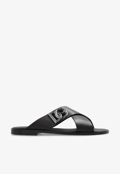 Dolce & Gabbana Black Sandals With Criss Cross Bands And Logo Detail In Leather Man In Brown