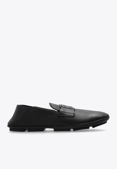 Dolce & Gabbana Leather Loafers With Round Toe And Textured Finish In Black
