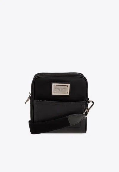 Dolce & Gabbana Logo Plaque Grained Leather Messenger Bag In Black