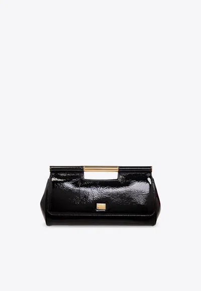 Dolce & Gabbana Large Sicily Patent Leather Clutch Bag In Black