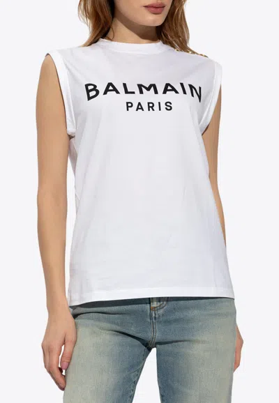 Balmain Logo Cotton Jersey Tank Top In White
