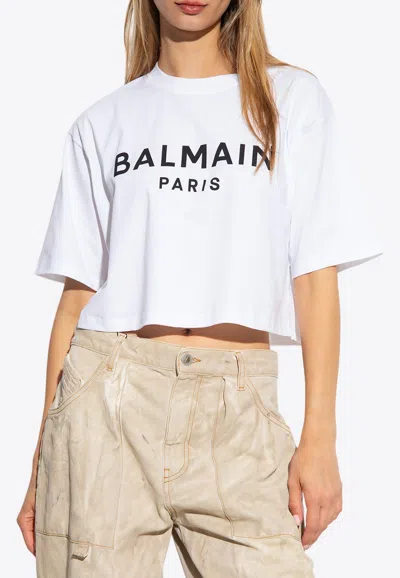 Balmain Logo Cotton Jersey Cropped T-shirt In White