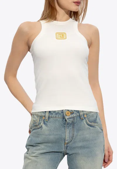 Balmain Beige Embroidered Logo Cotton Blend Top In Cream