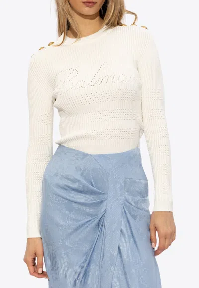 Balmain Signature Knit Jumper With Lion Button Detail In White