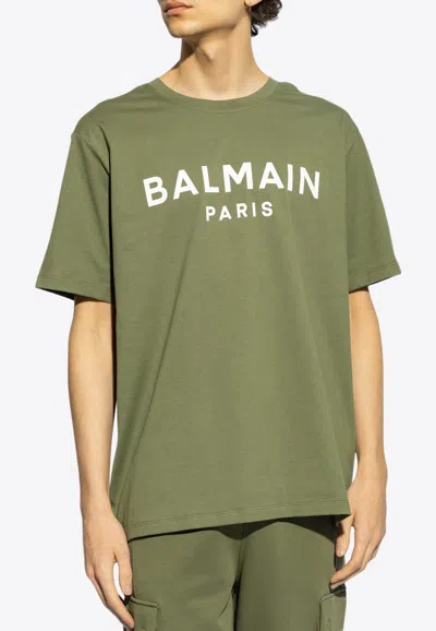 Balmain Green Crewneck T-shirt With Logo Lettering On The Front In Green