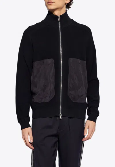 Moncler Suede-panels Cotton-blend Cardigan In Navy