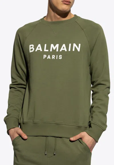 Balmain Parisian Ribbed Hem Sweatshirt With V-stitch Detailing In Green