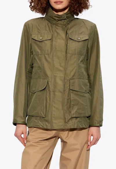 Moncler Ilo Logo Patch Concealed-hood Jacket In Green