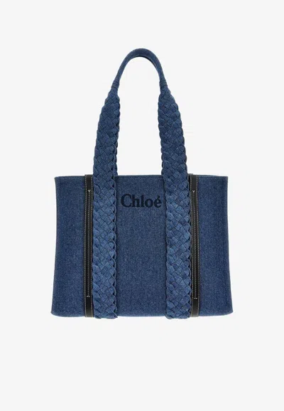Chloé Medium Woody Denim Tote Bag In Denim