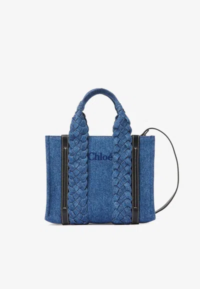 Chloé Small Woody Tote Bag In Denim Blue Size Onesize 100% Cotton, Calf-skin Leather In Denim