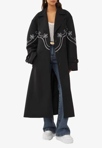 Chloé Embroidered Belted Wool Coat In Black