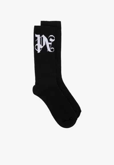 Palm Angels Monogram Jacquard Ankle-length Ribbed Socks In Black
