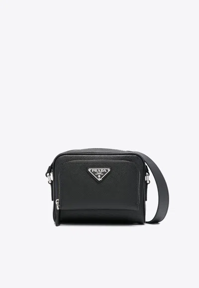 Prada Enamel-logo Messenger Bag In Black