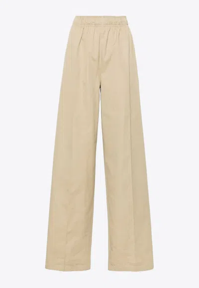Prada Beige Poplin Trousers With Enamel Triangle Logo In Green