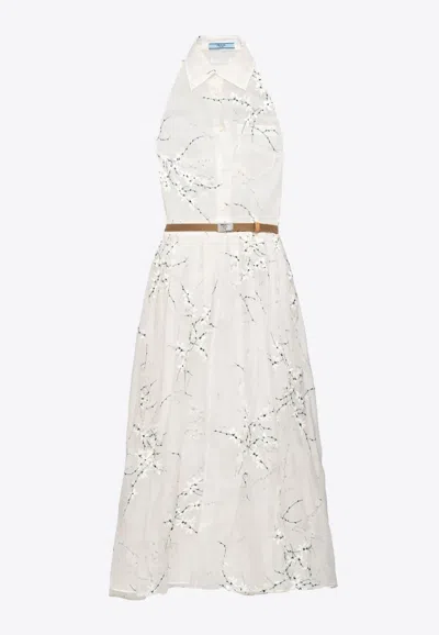 Shop Prada Floral Embroidered Silk Midi Dress In White