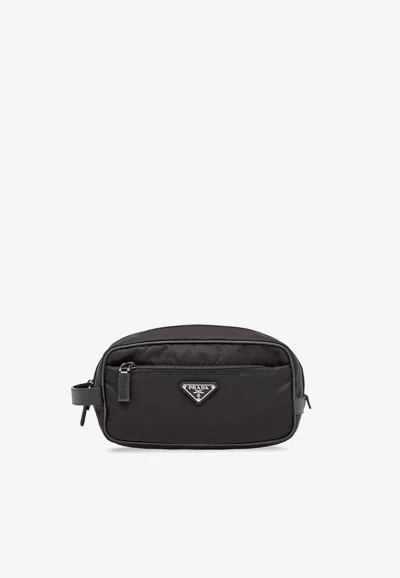 Prada Re-nylon And Saffiano Leather Travel Pouch In Black