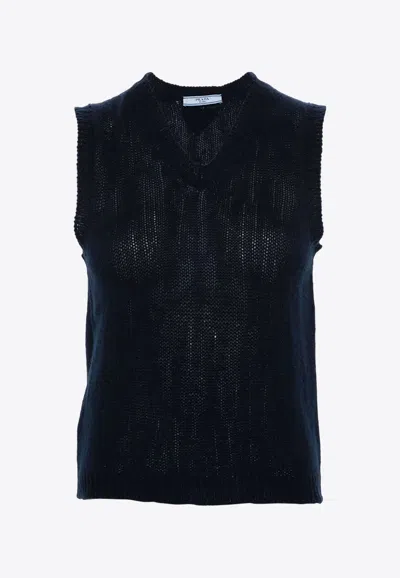 Prada Knit Cashmere Sleeveless V-neck Vest In Blue