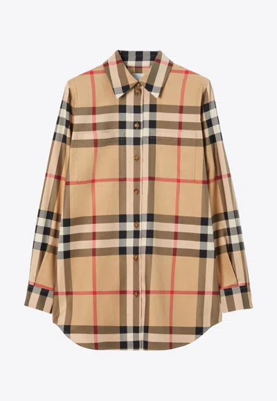 Burberry Check Cotton Shirt In Beige