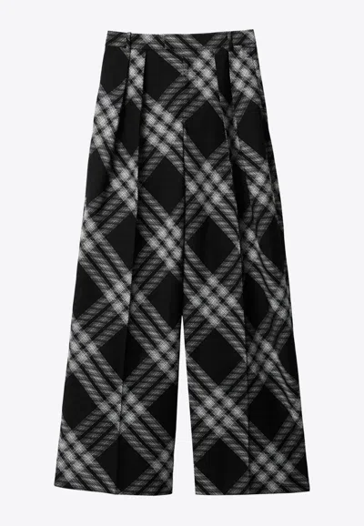 Burberry Pleated Checked Wool Straight-leg Pants In Monochrome