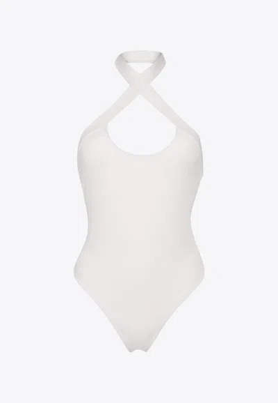 Off-white Halterneck Open-back Swimsuit In White