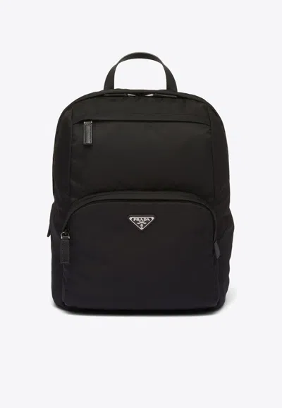 Prada Re-nylon Triangle Logo Backpack In Black