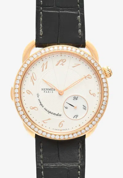 Pre-owned Hermes Large Arceau Le Temps Suspendu 38mm Watch In Matte Alligator Single Tour Strap And Diamond Bezel In Brown