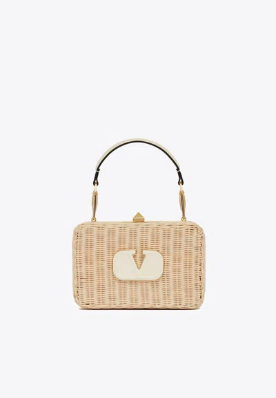 Valentino Hard Straw Vlogo Clutch Bag In Beige