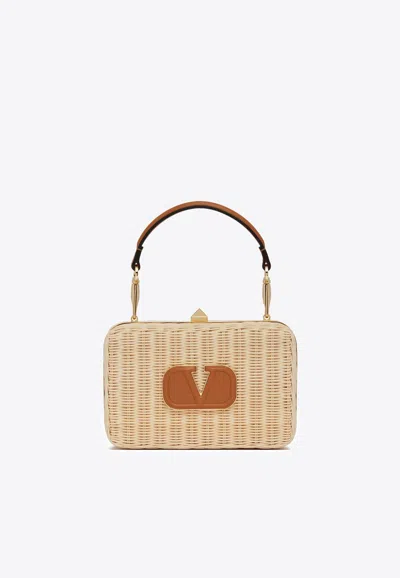 Valentino Hard Straw Vlogo Clutch Bag In Beige