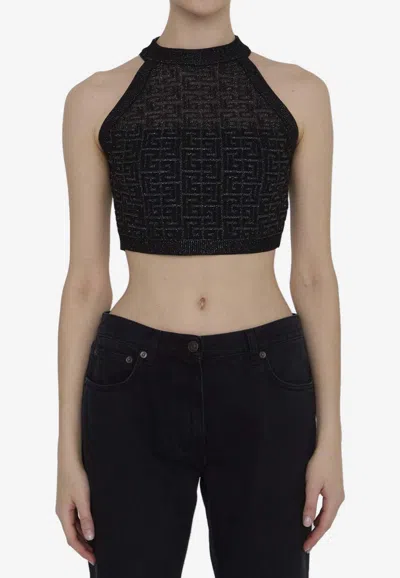 Balmain Sheer Geometric Halterneck Top With Metallic Threading In Black