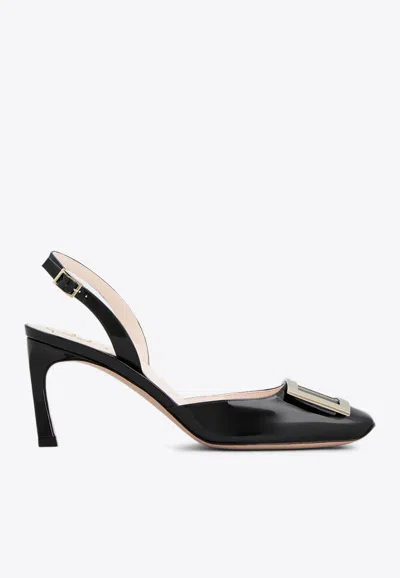 Roger Vivier Trompette Metal Buckle Slingback Pumps In Patent Leather In Black