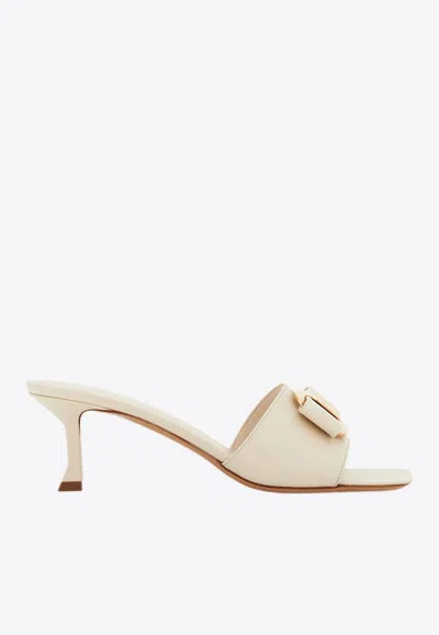 Ferragamo Mules Mid Heel Bow Detailing In White