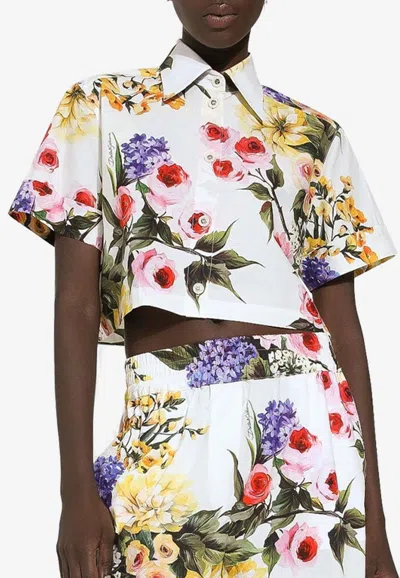Dolce & Gabbana Floral Cropped Cotton Poplin Shirt In Multicolor