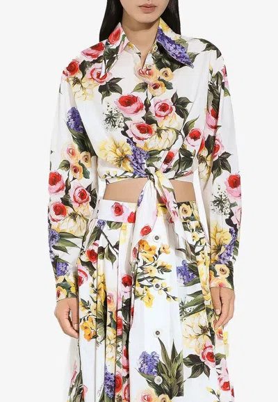 Dolce & Gabbana Floral Print Cropped Poplin Shirt With Front Tie In Multicolor