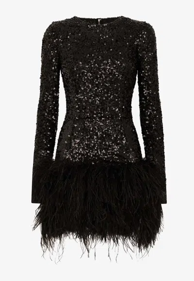 Dolce & Gabbana Feather-trim Sequinned Minidress In Black