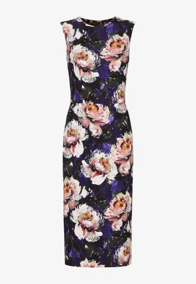 Dolce & Gabbana Peony-print Sleeveless Midi Dress In Multicolor