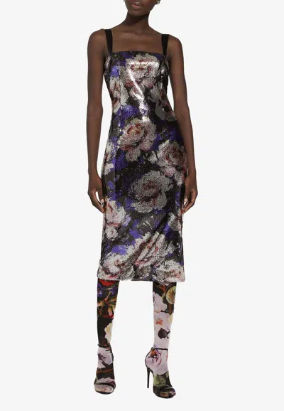 Dolce & Gabbana Sequined Strapless Dress With Peony Print In Multicolor
