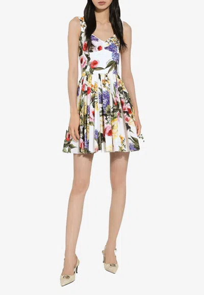 Dolce & Gabbana Pleated Floral-print Stretch Cotton-poplin Mini Dress In Multicolor