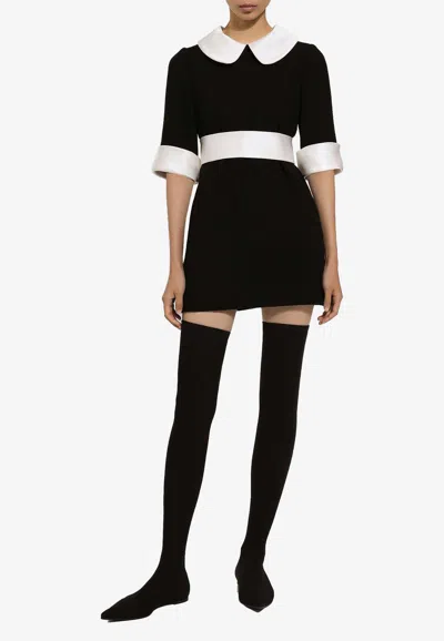 Dolce & Gabbana Peter Pan-collar Short-sleeve Belted Crepe Mini Dress In Black